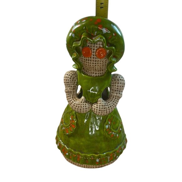 Vintage 70s Pottery Maiden in Bonnet Button Eyes Utensil Knitting Holder Green - Picture 8 of 9
